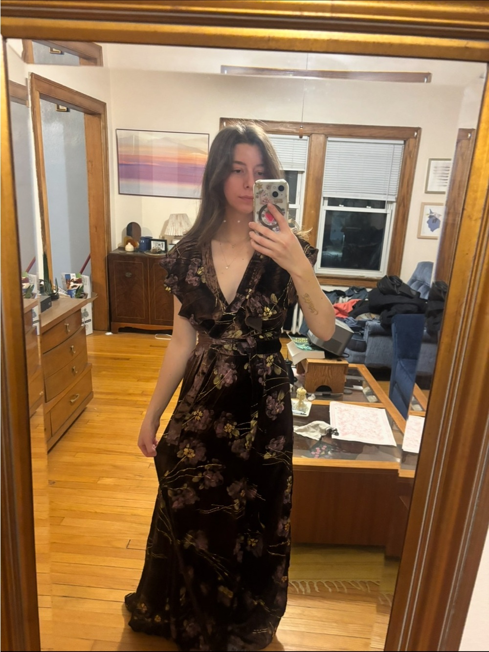 Co brown velvet hand painted maxi wrap dress
